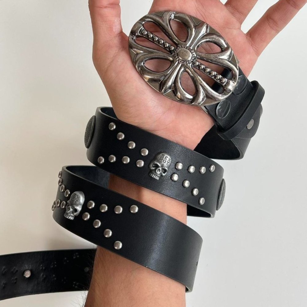 Y2K 2000s vintage skeleton chrome cross studded goth emo black belt